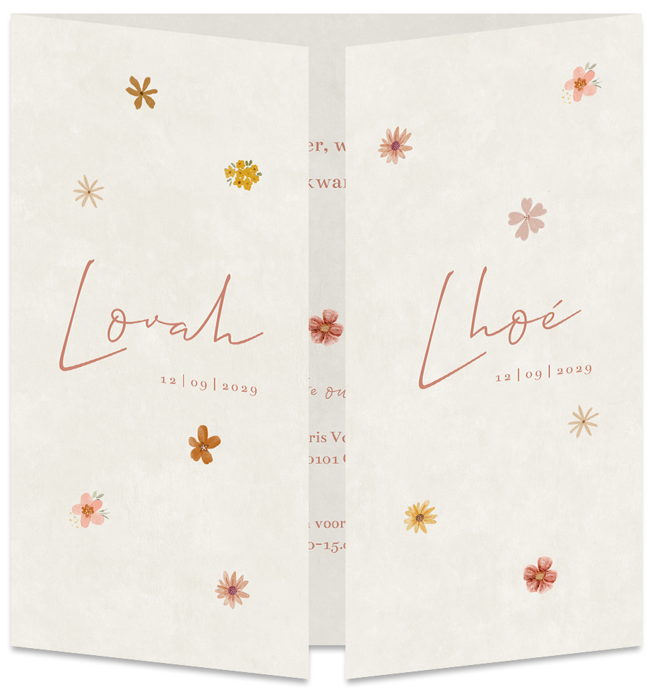 Geboortekaartje Tweeling Bloemetjes Vrolijk