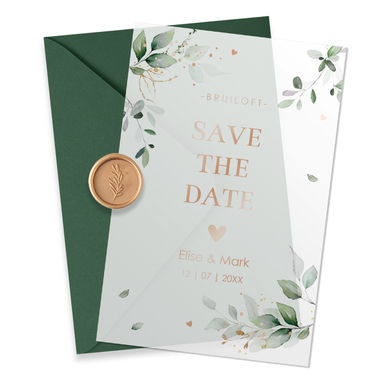 Save the Date kaart botanisch kalender op kalkpapier