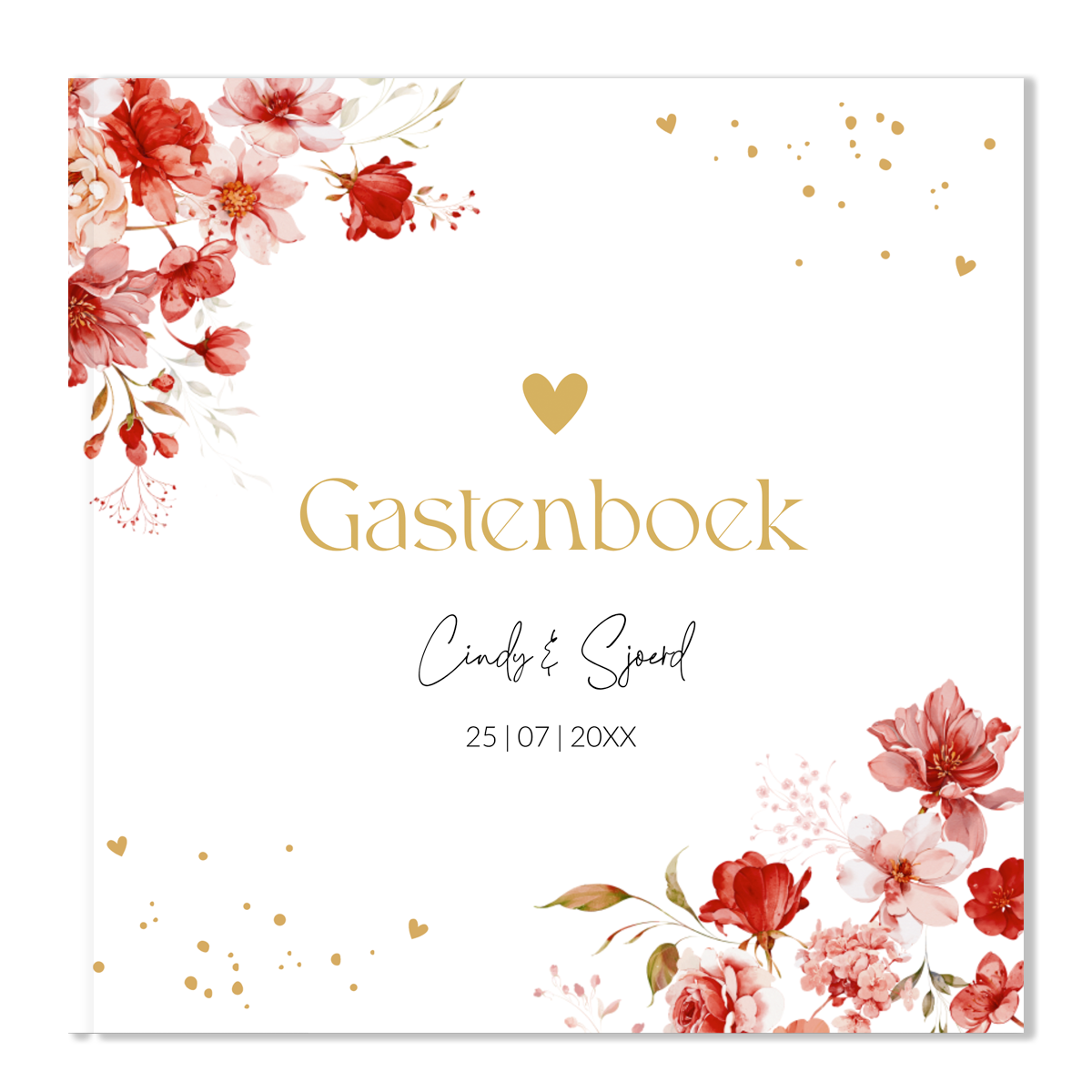 Gastenboek huwelijk rood watercolour bloemen vierkant