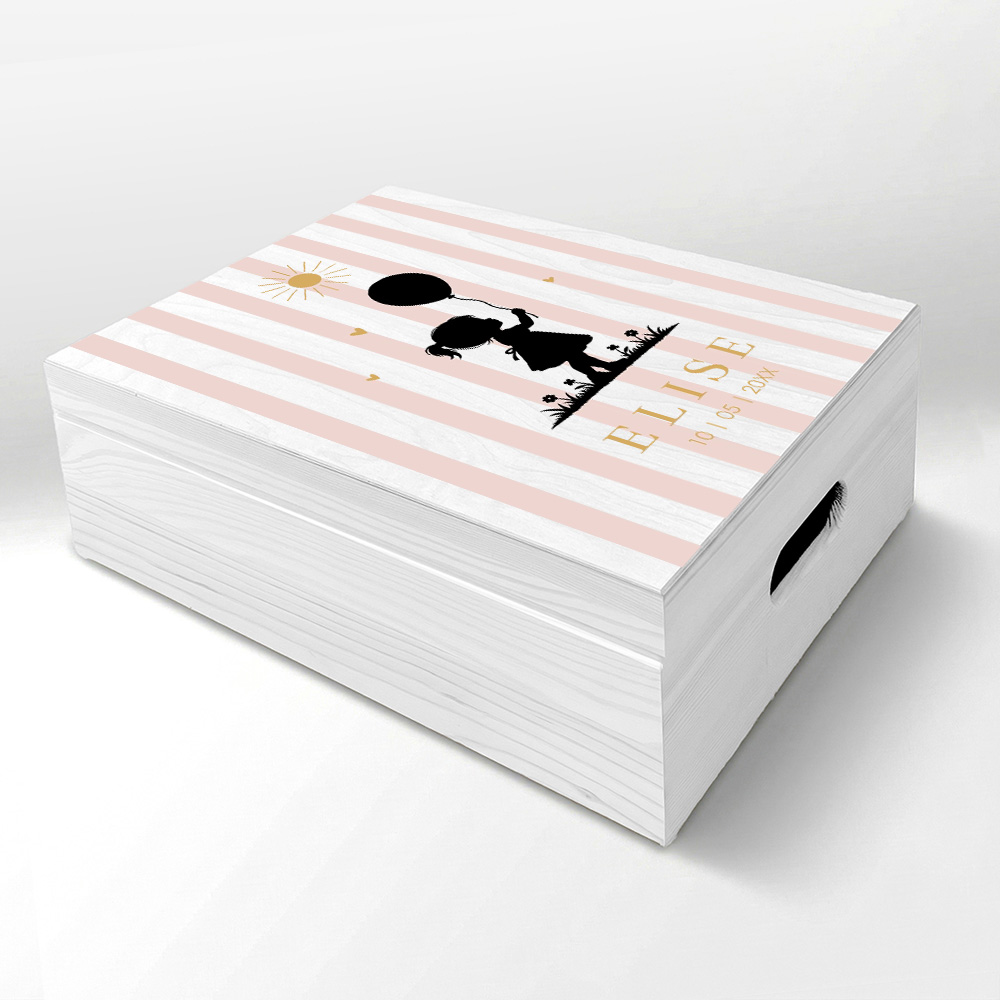 Memorybox hout met silhouet meisje ballon roze strepen