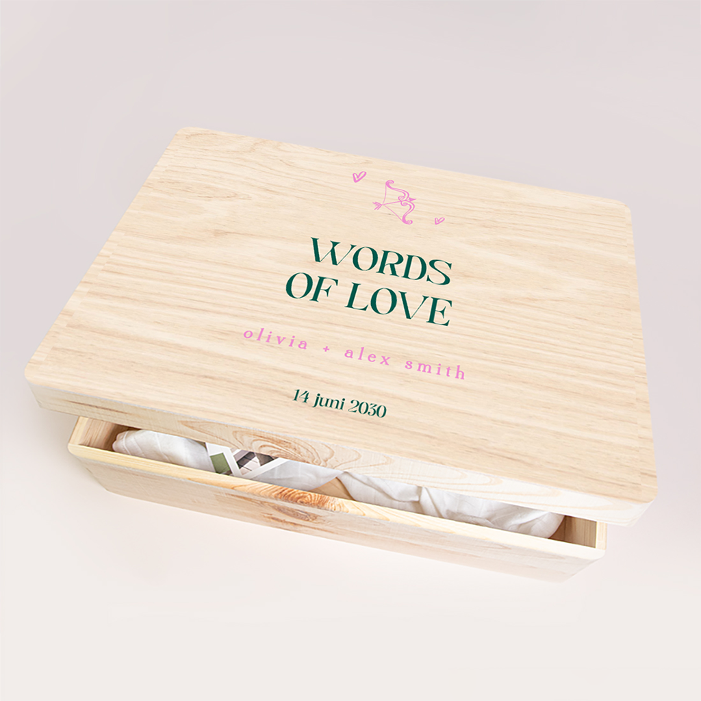 Memorybox huwelijk in groen en roze met pijl en boog