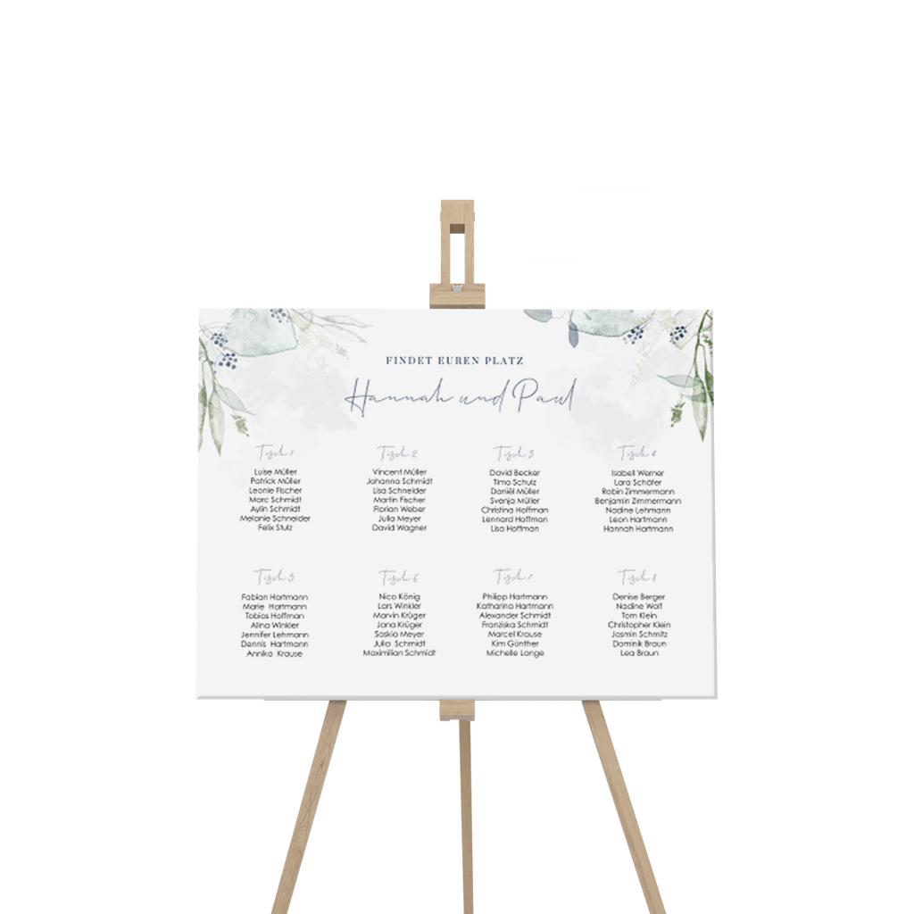 Sitzplan Schild mit Aquarellzweigen in Blau und Grün