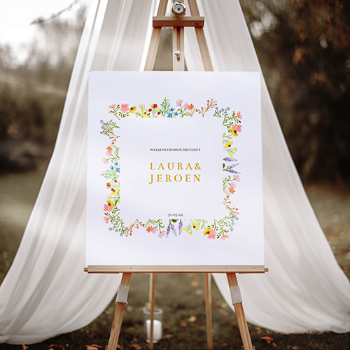 Welkomstbord bruiloft vierkant met kleurrijke veldbloemen