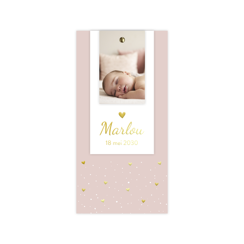 Geboortekaartje labelkaart meisje roze met foto label en foliedruk