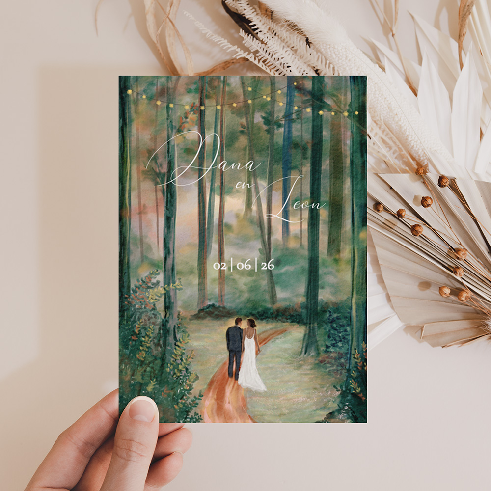 Trouwkaart met schildering van een bruidspaar in een herfstbos.