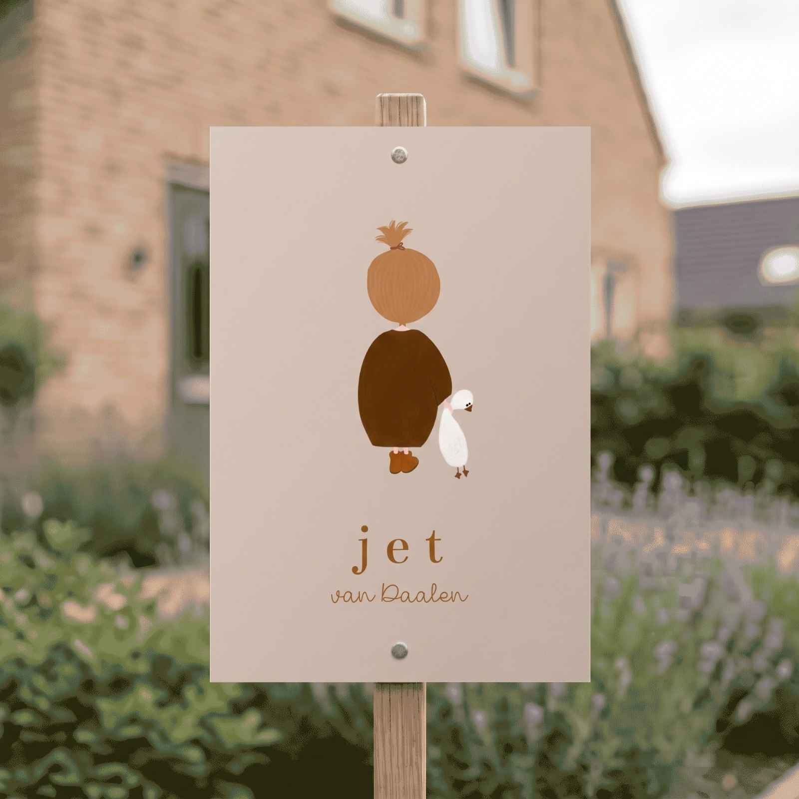 Tuinbord geboorte blond meisje knuffel gans