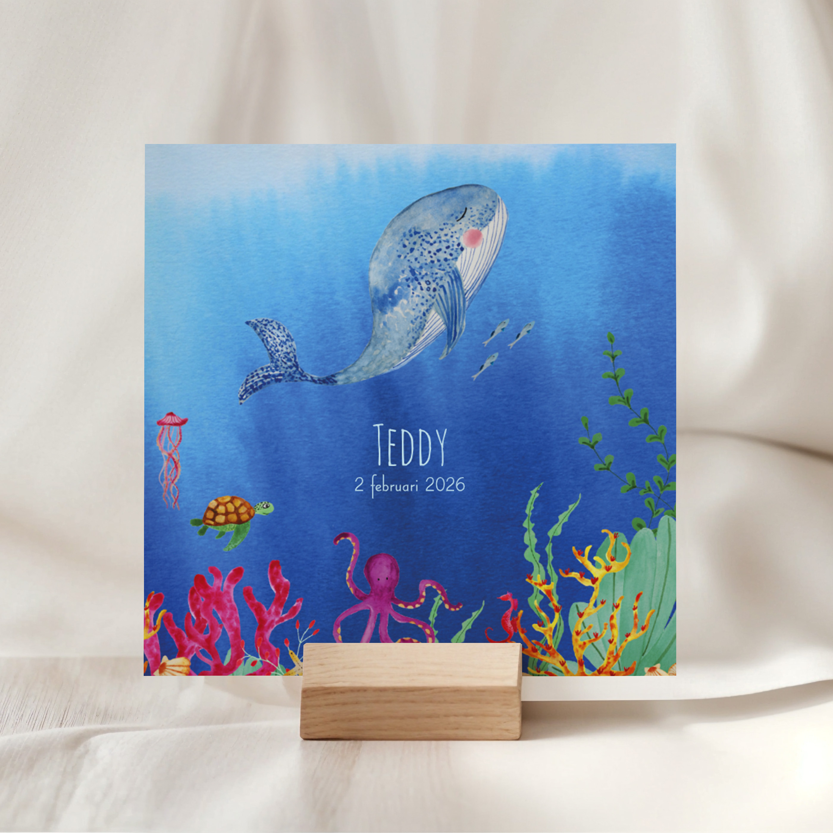 Geboortekaartje met walvis, koraal, visjes en schildpad