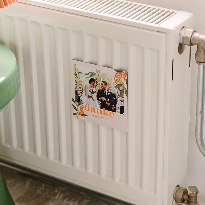 Mediterrane Dankeskarte als Magnet mit Foto und Orangen Illustration