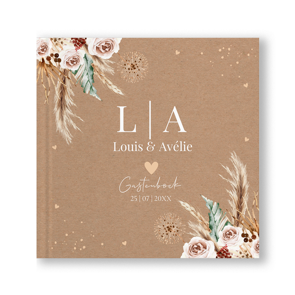 Gastenboek huwelijk bohemian aquarel bloemen kraftlook