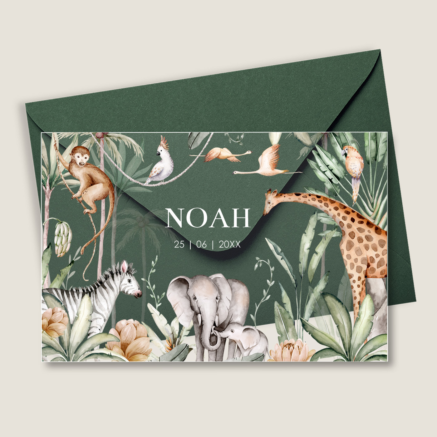 Acryl geboortekaartje jungle dieren rechthoekig