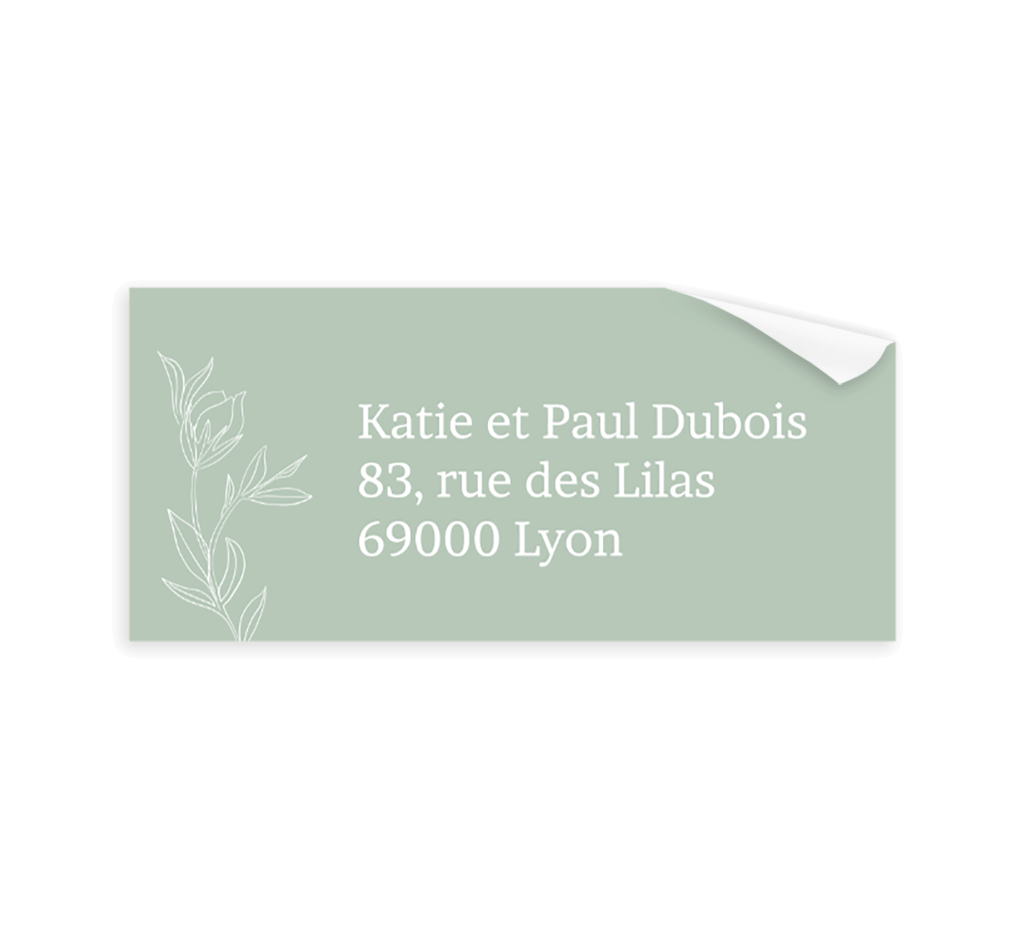 Étiquette d'adresse fond vert amande et esquisse de fleur 12 pièces
