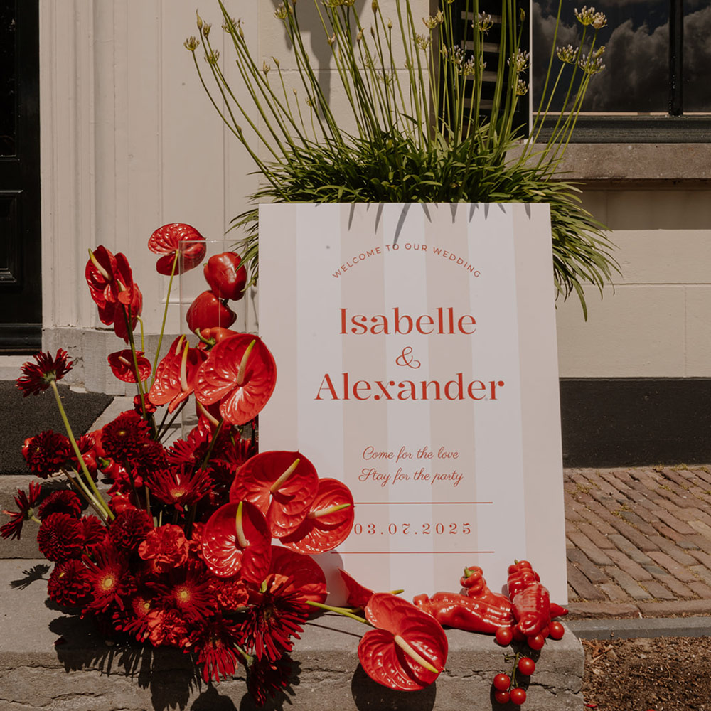 Welkomstbord bruiloft strepen rood