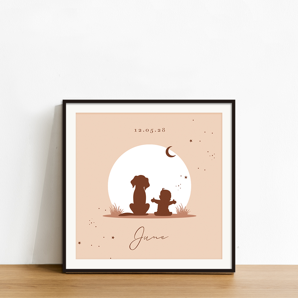 Zalmroze geboorteposter met silhouet meisje en hondje