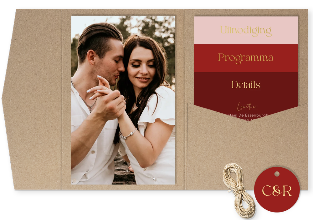 Pocketfold trouwkaart roze rood foto goudfolie