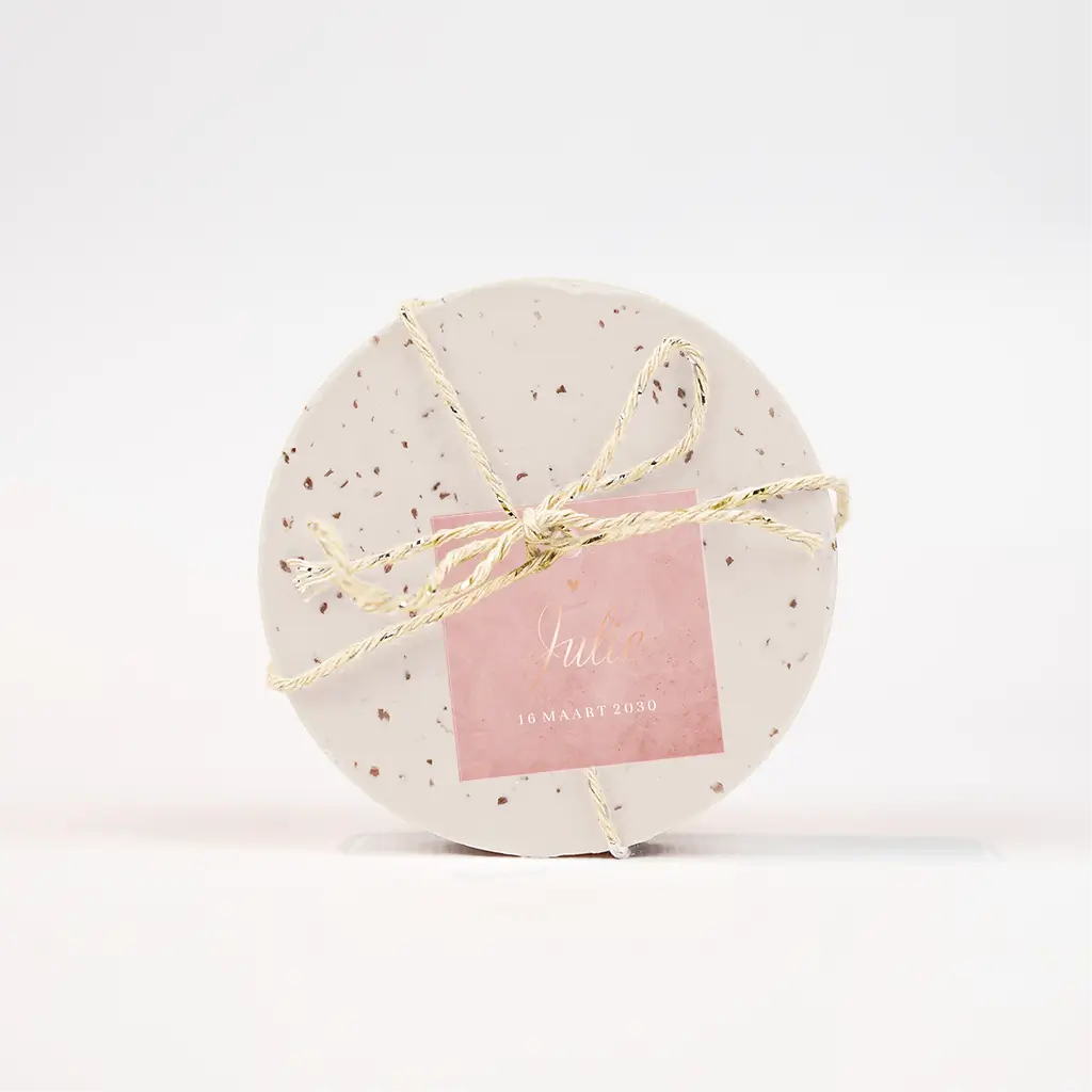 Label vierkant roze velvet-look met roségoudfolie naam - per 16 stuks