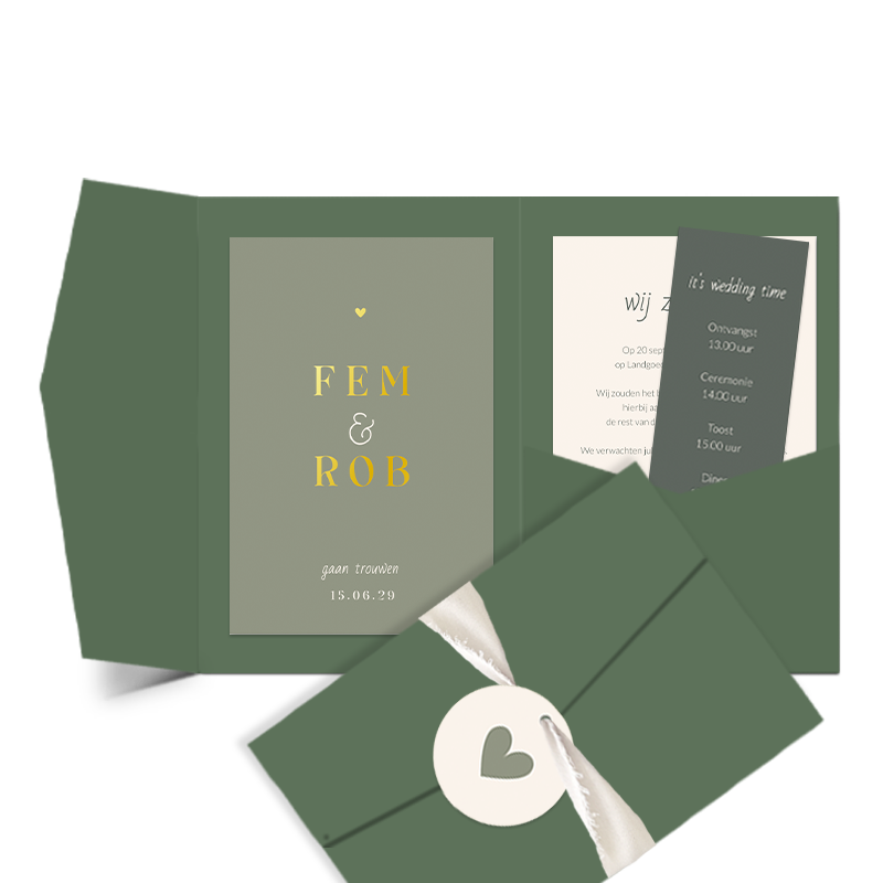 Luxe trouwkaart in pocketfold met rustig design en luxe folie