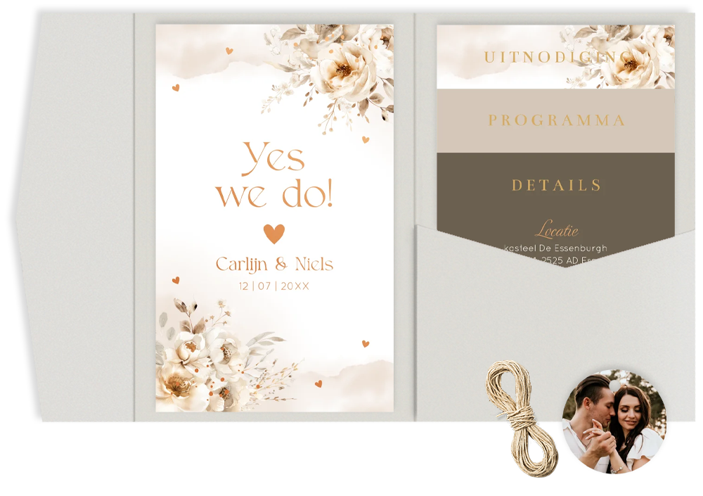 Pocketfold trouwkaart beige bloemen koperfolie