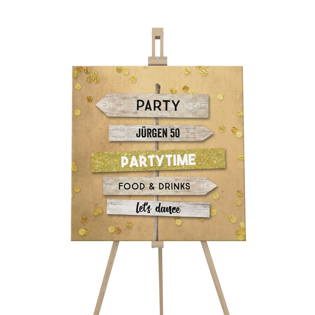 Willkommensschild zum 50 mit Wegweiser und Konfetti