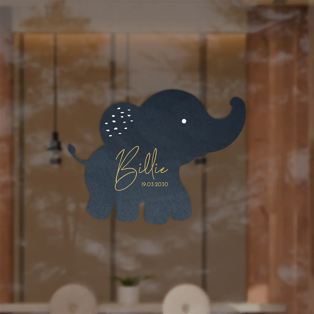 Blauwe velvet-look raamsticker in de vorm van een olifant