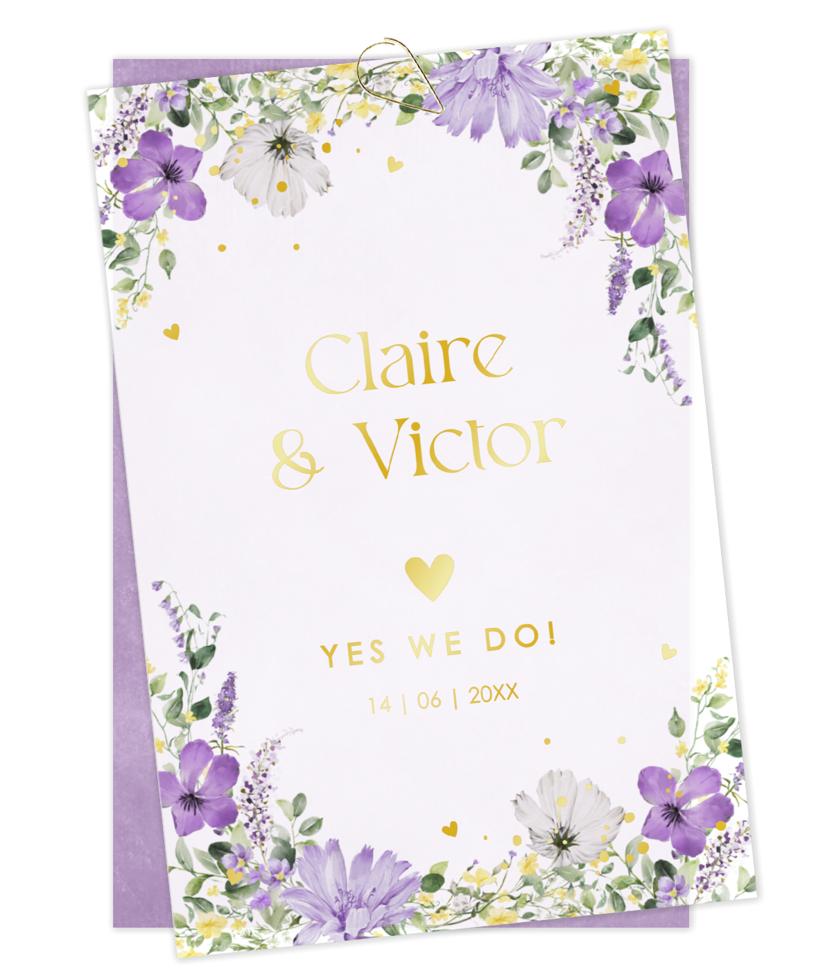 Trouwkaart kalkpapier bloemen paars goudfolie (set 2 kaarten)
