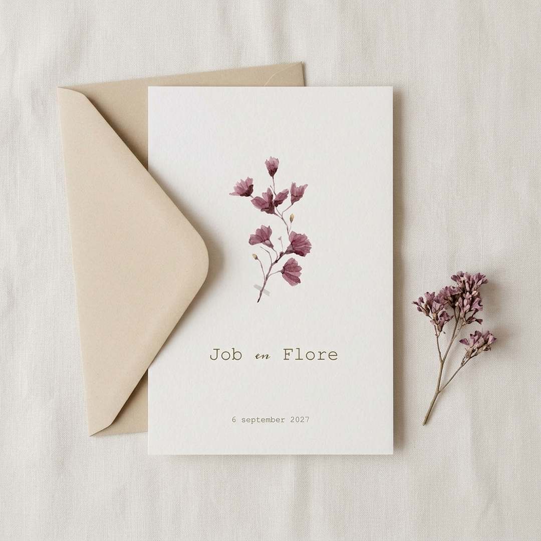 Trouwkaart paarse bloemen