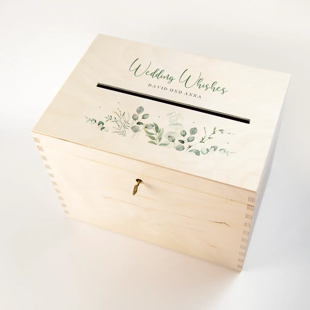 Umschlagbox Hochzeit mit eleganter Schrift und Eukalyptuszweigen