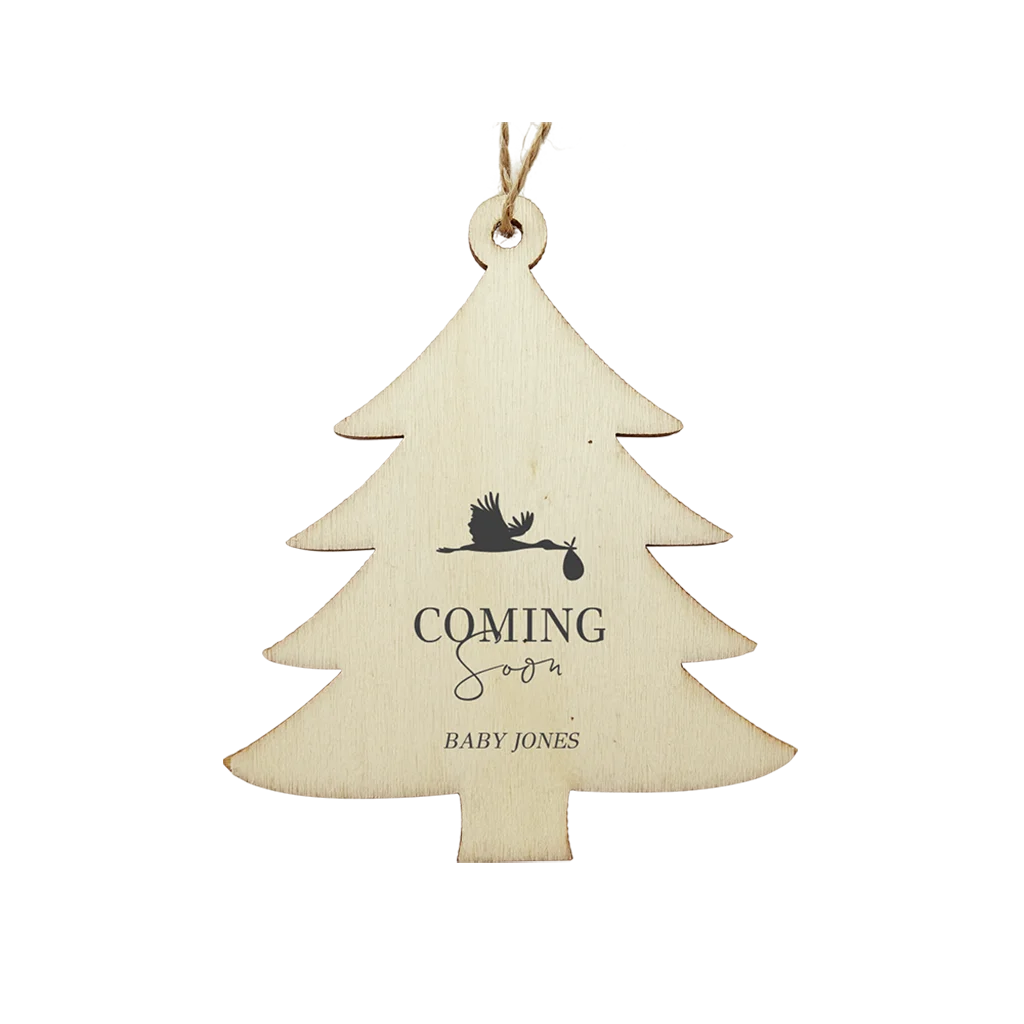 Houten kersthanger met naam zwangerschapsaankondiging