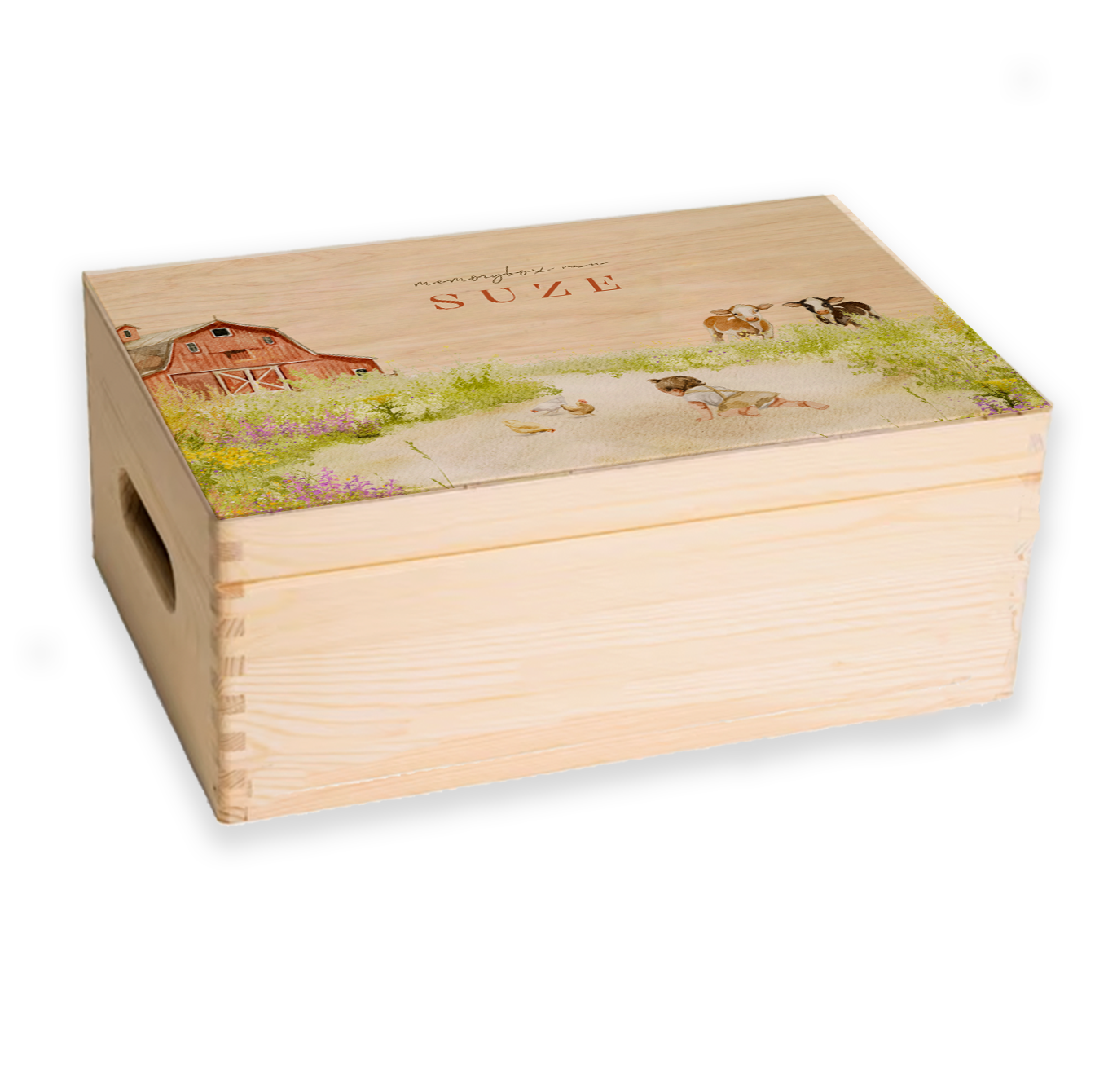 Memorybox boerderij koeien meisje gras lente