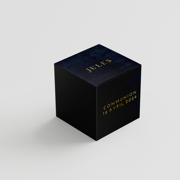 Boîte remerciement communion avec photo, fond bleu foncé