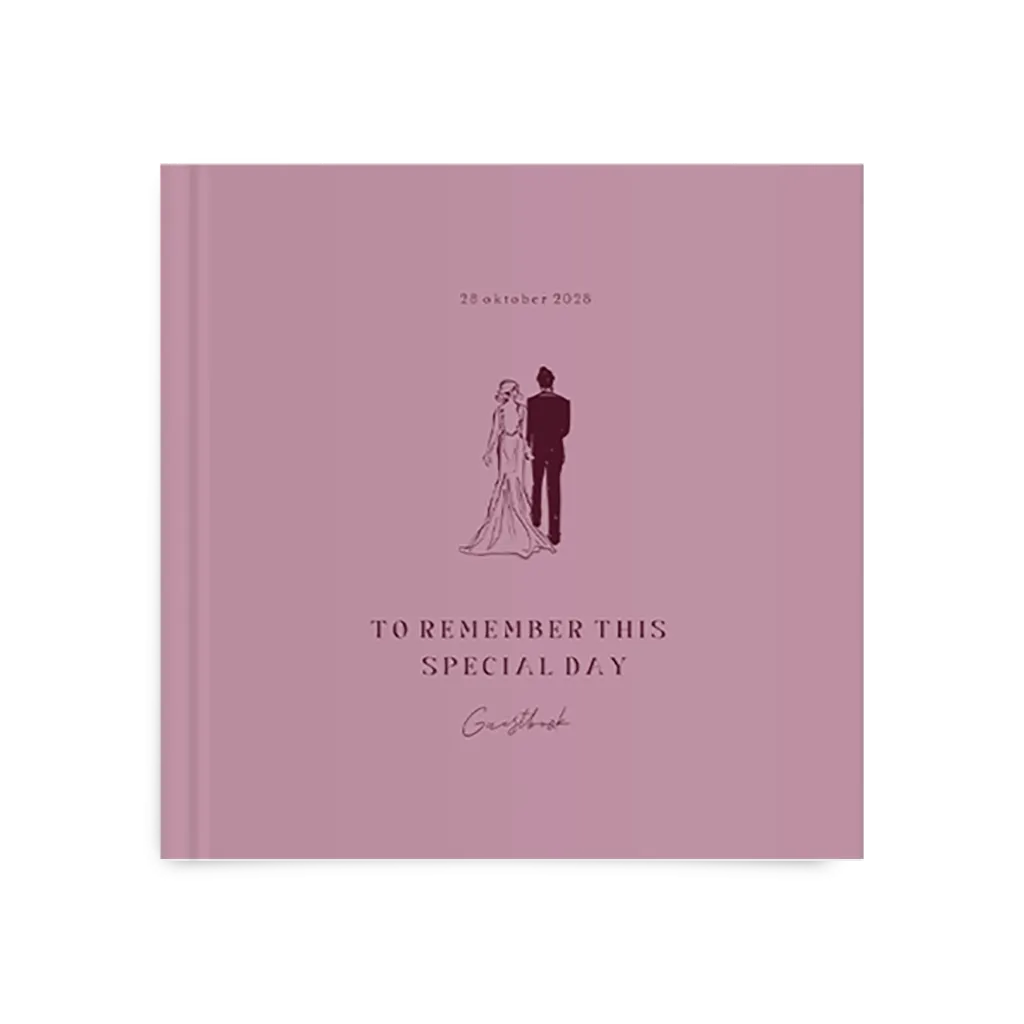 Trendy gastenboek bruiloft roze met illustratie van bruidspaar