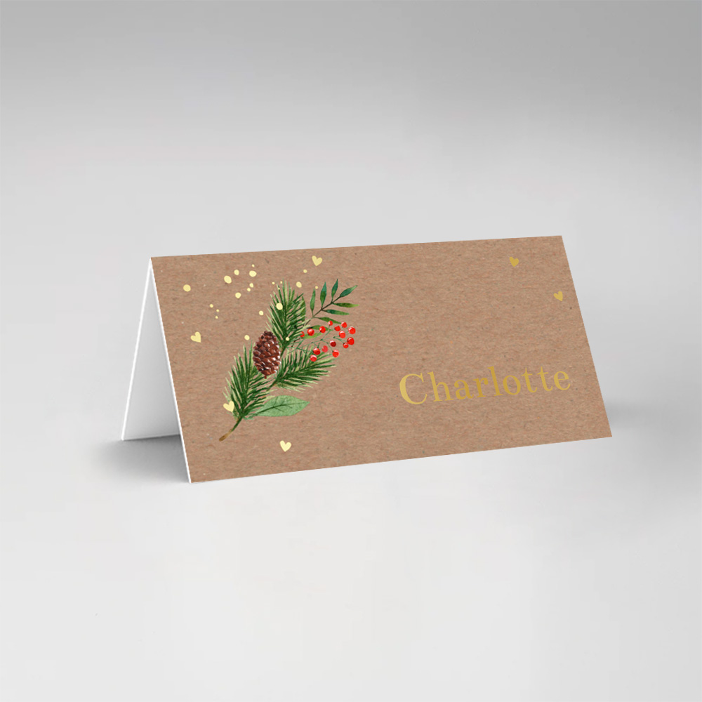 Naamkaartjes kerst takjes kraftlook dubbel gevouwen wit