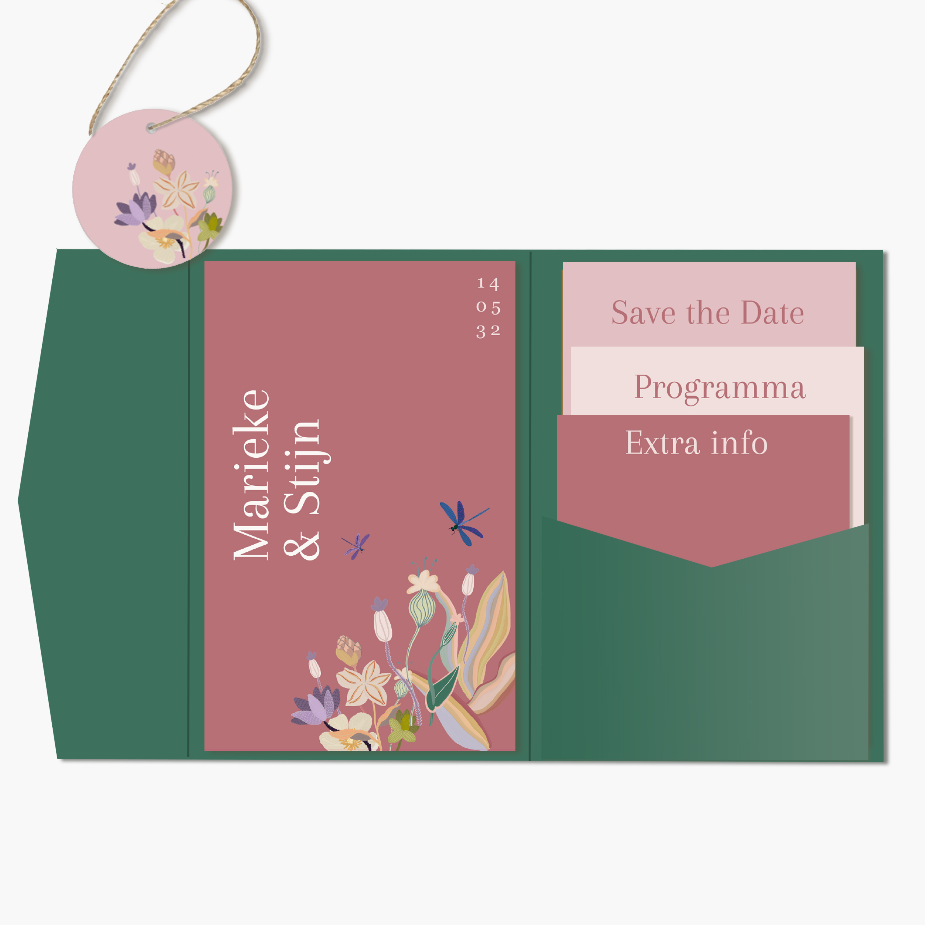 Pocketfoldset warme tinten met strakke vrolijke bloemen