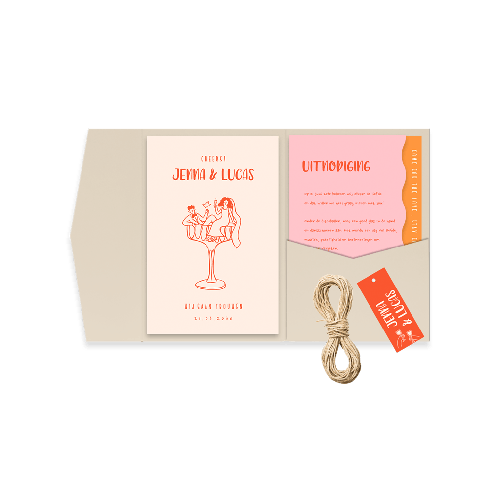Kleurrijke pocketfold trouwkaart in oranje en roze met speelse illustraties