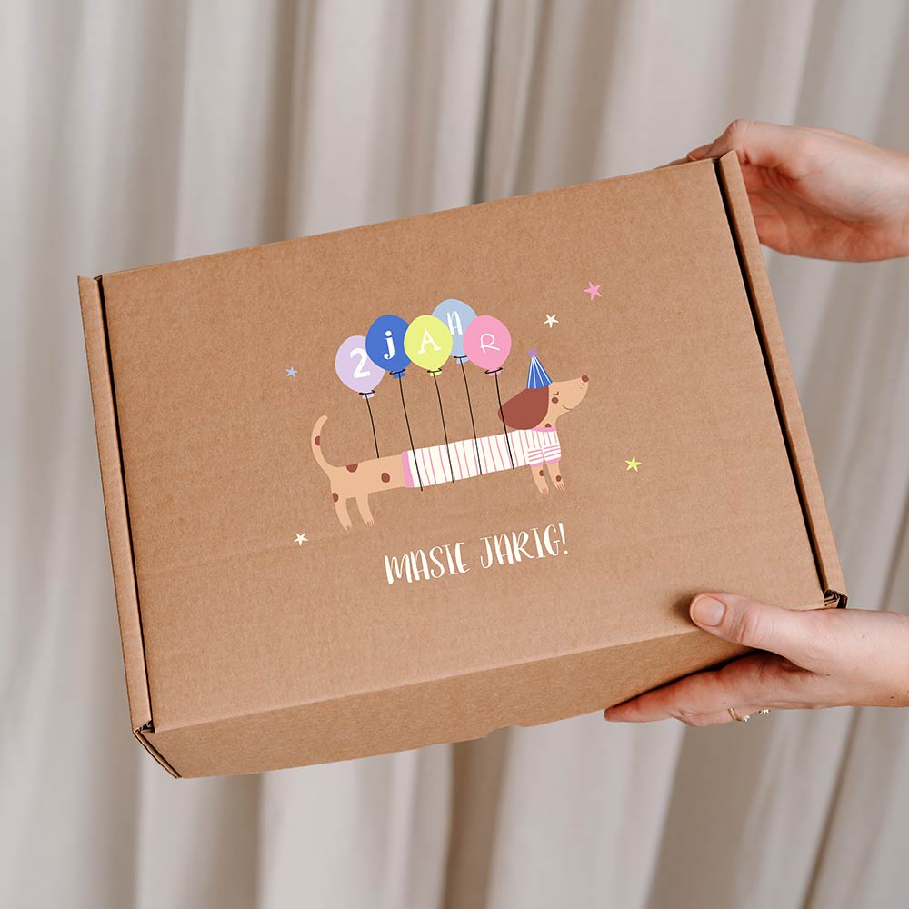 Vrolijke cadeaudoos van kraft met teckel, ballonnen en sterren