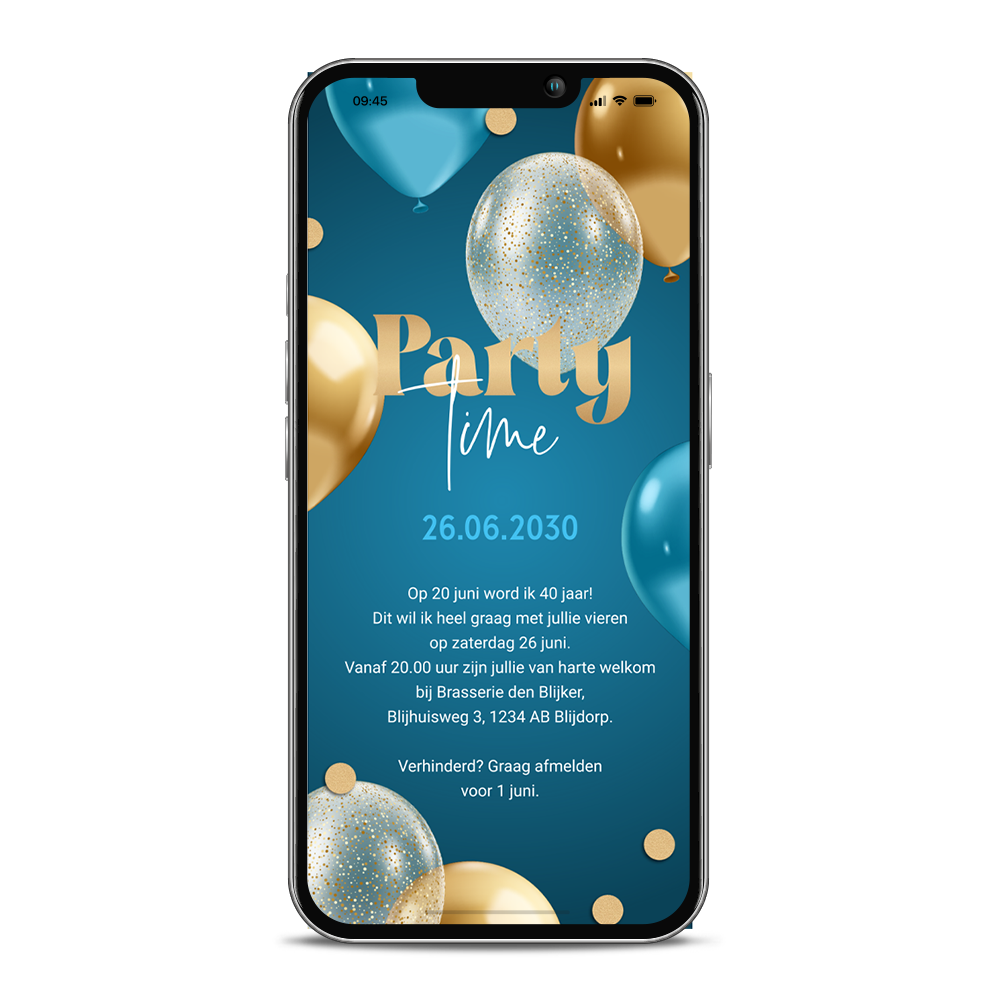 Digitale uitnodiging verjaardag met ballonnen en confetti. 