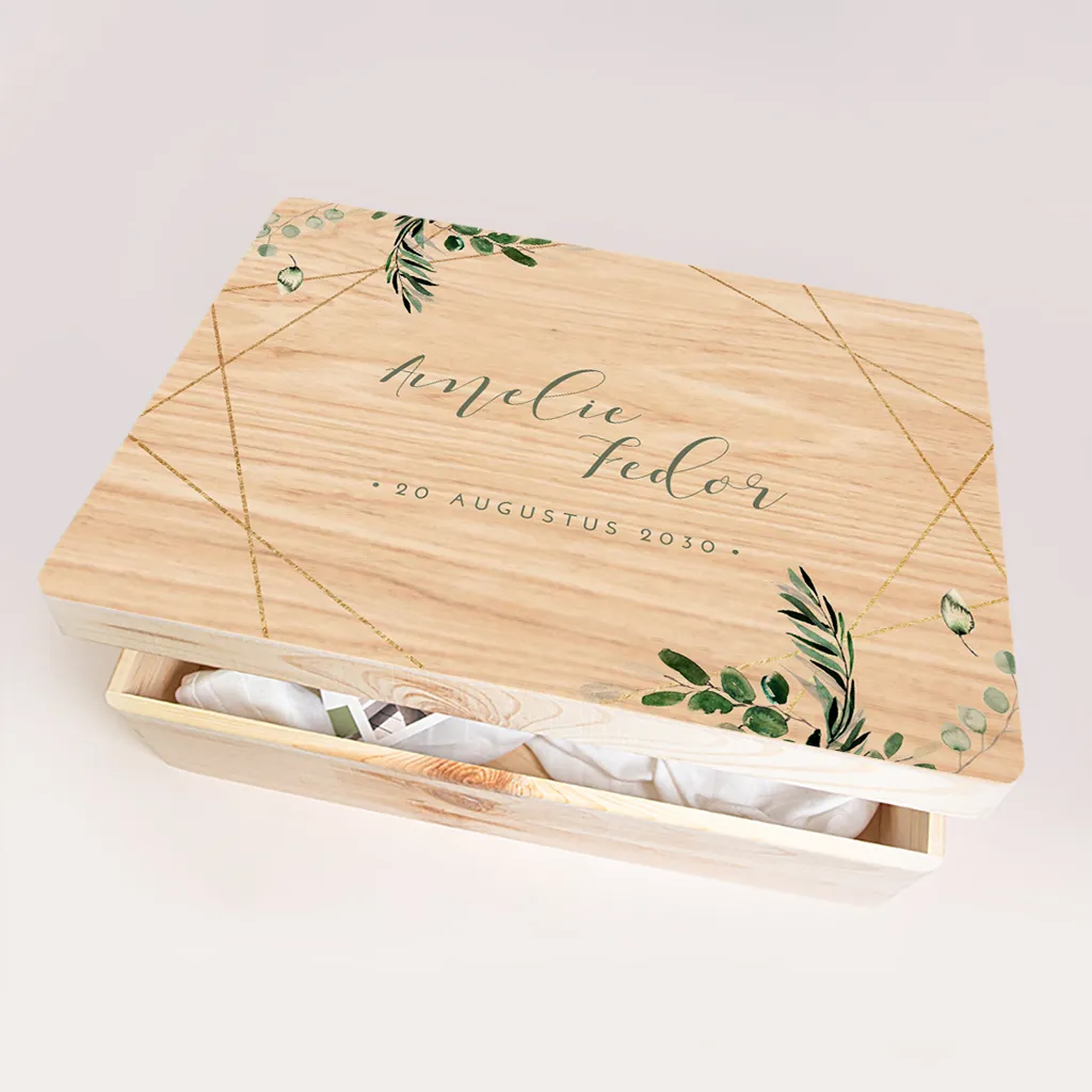 Elegante bruiloft memorybox met geometrisch figuur element