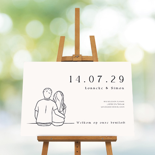Welkomstbord bruiloft met lijntekening koppel