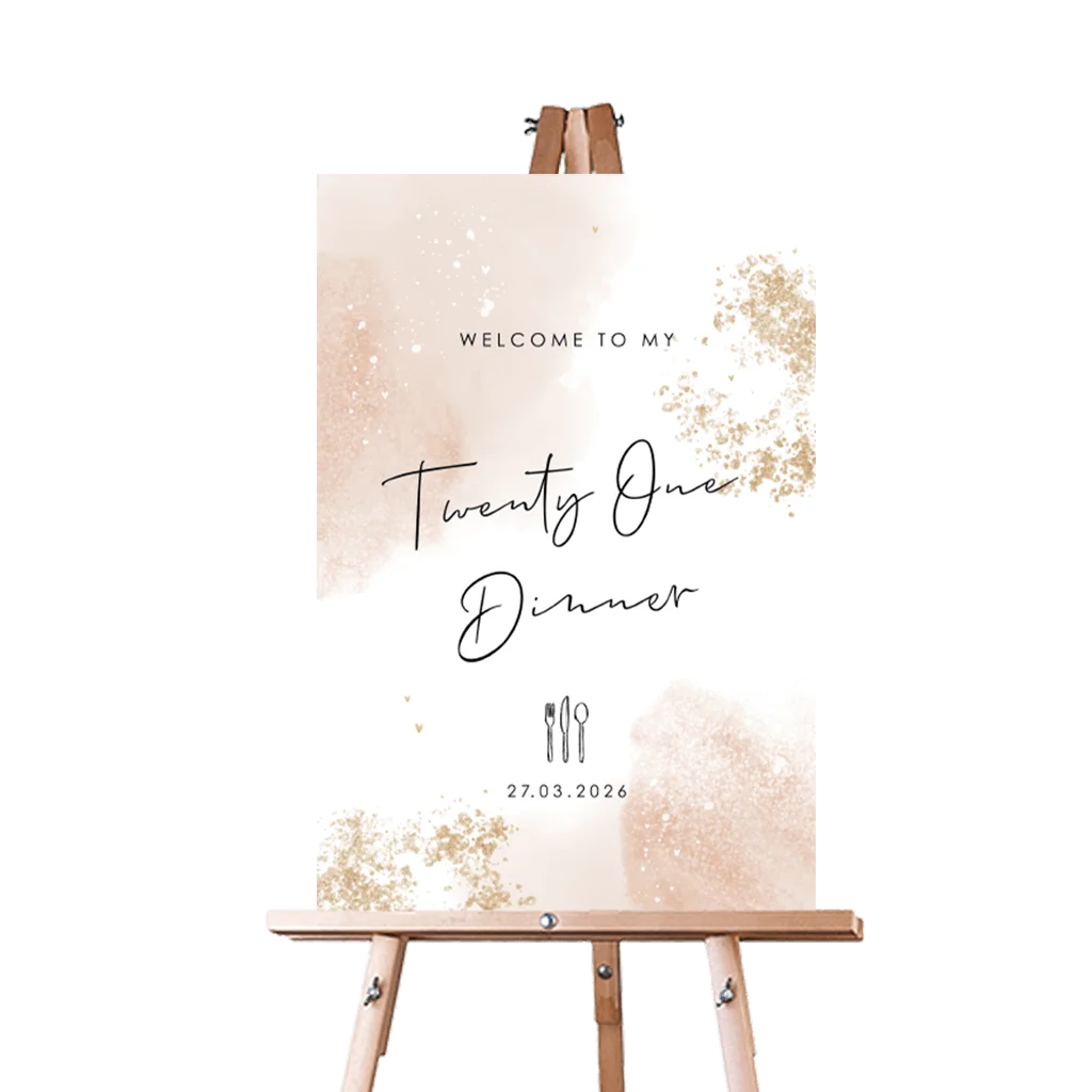 Welkomstbord 21 diner met roze water color en goudlook spetters