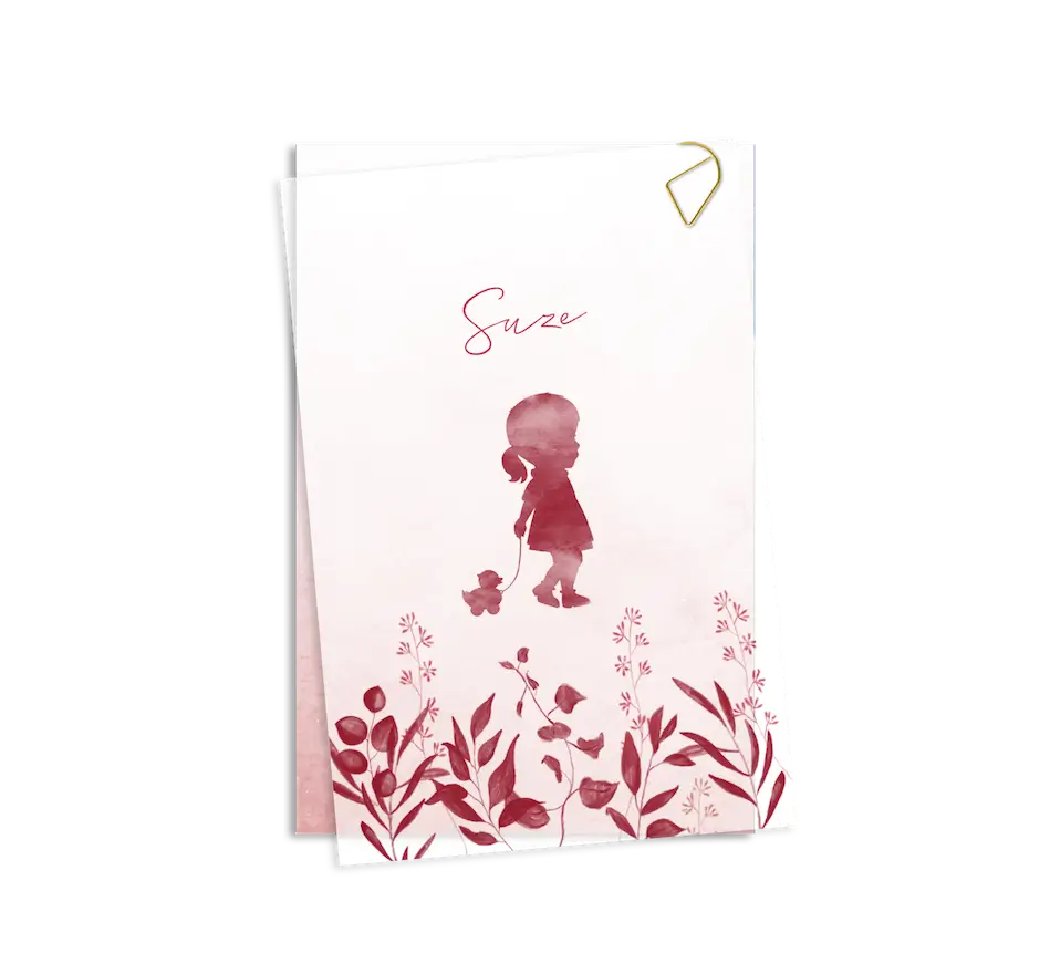 Kalkpapier geboortekaartje roze met silhouetje en takjes