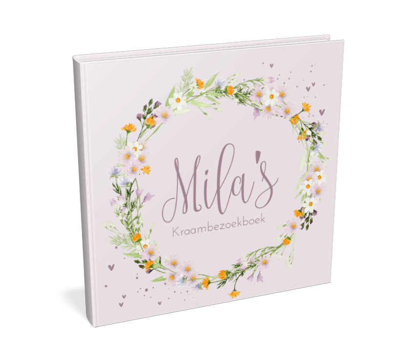 Kraambezoekboek lila met romatische bloemenkrans