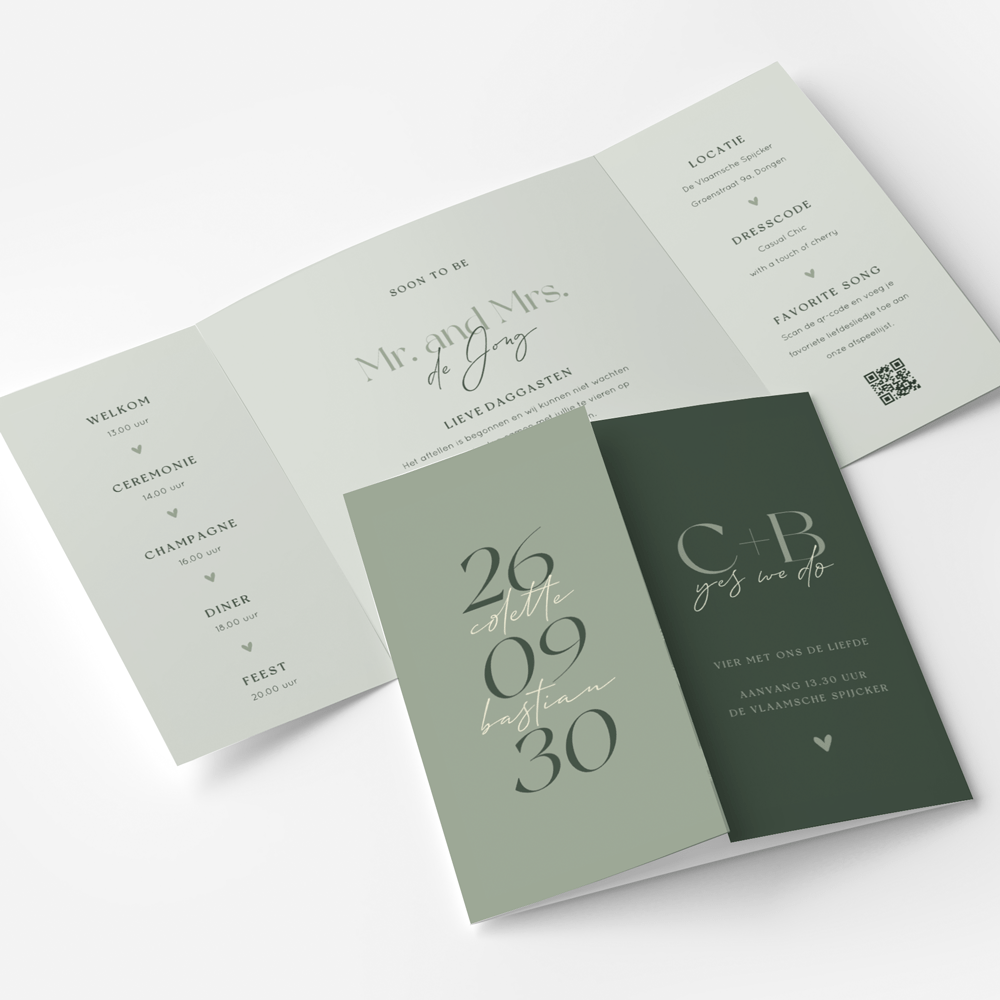 Trouwkaart met theatervouw in groen