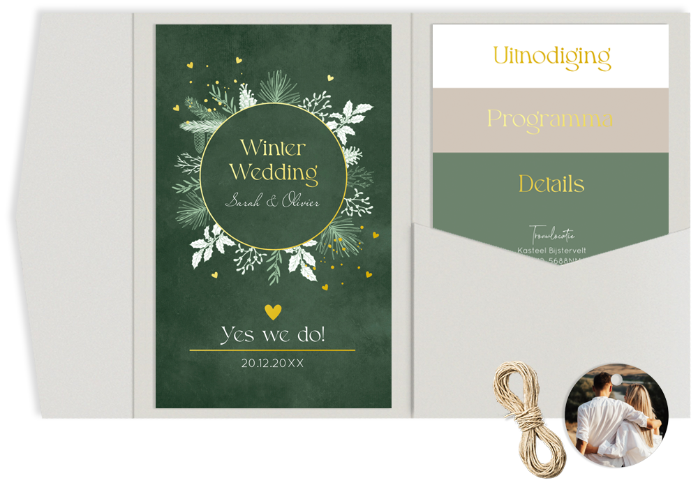 Pocketfold trouwkaart winterwedding groen goudfolie