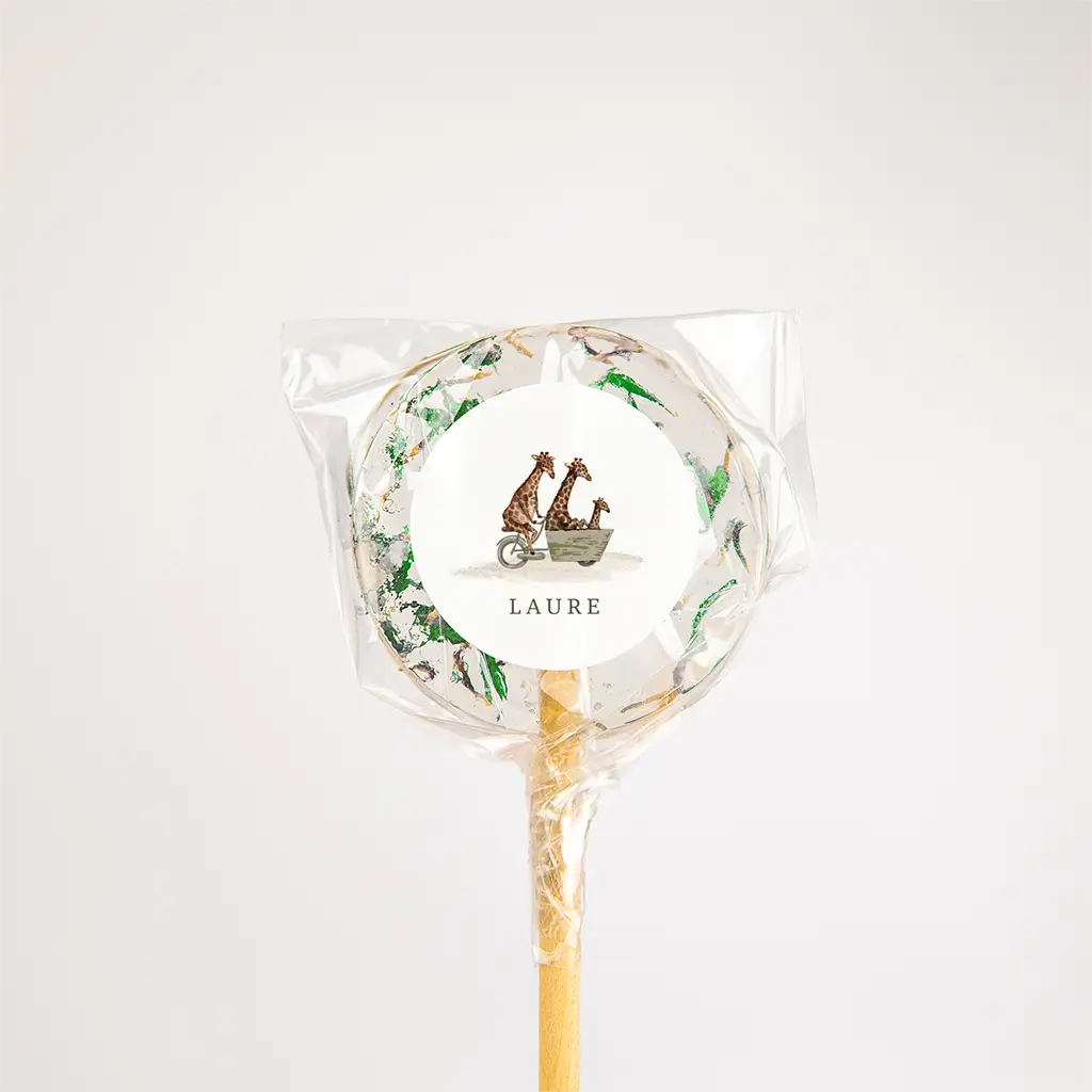 Naamsticker traktatie met giraffen in een bakfiets - per vel