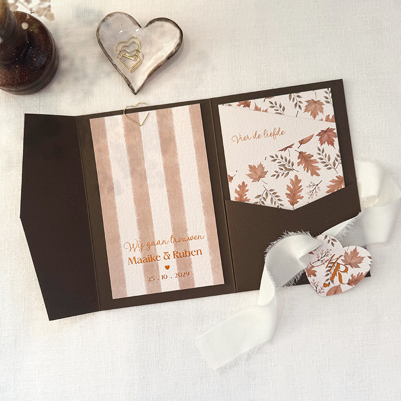 Pocketfold trouwkaart herfst en koperfolie | Soft Autumn Romance