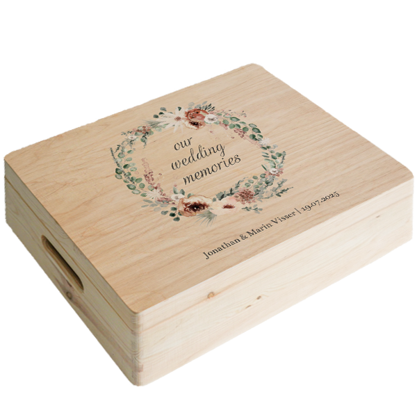 Memorybox van bruiloft met bloemenkrans