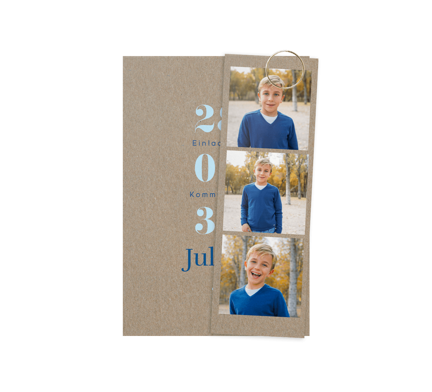 Einladung Kommunion in Kraft-look mit Fotostreifen