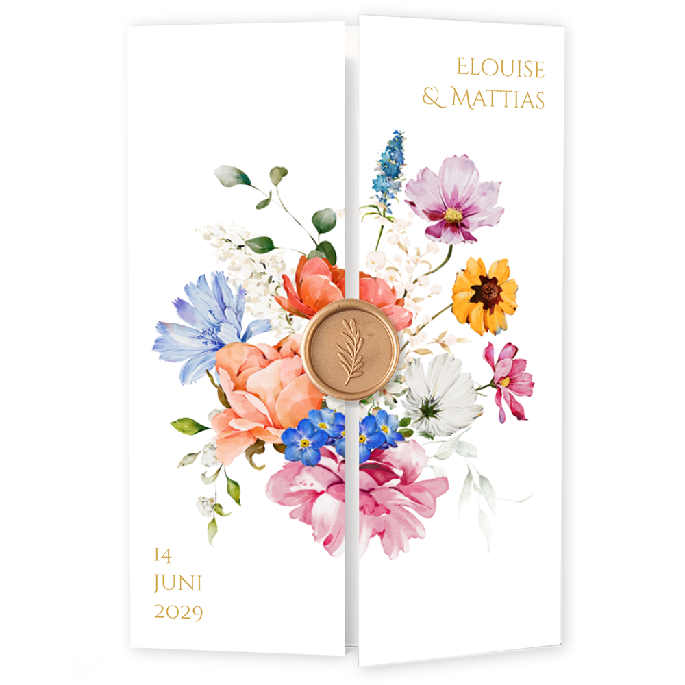 Romantische drieluik trouwkaart met kleurrijke bloemen