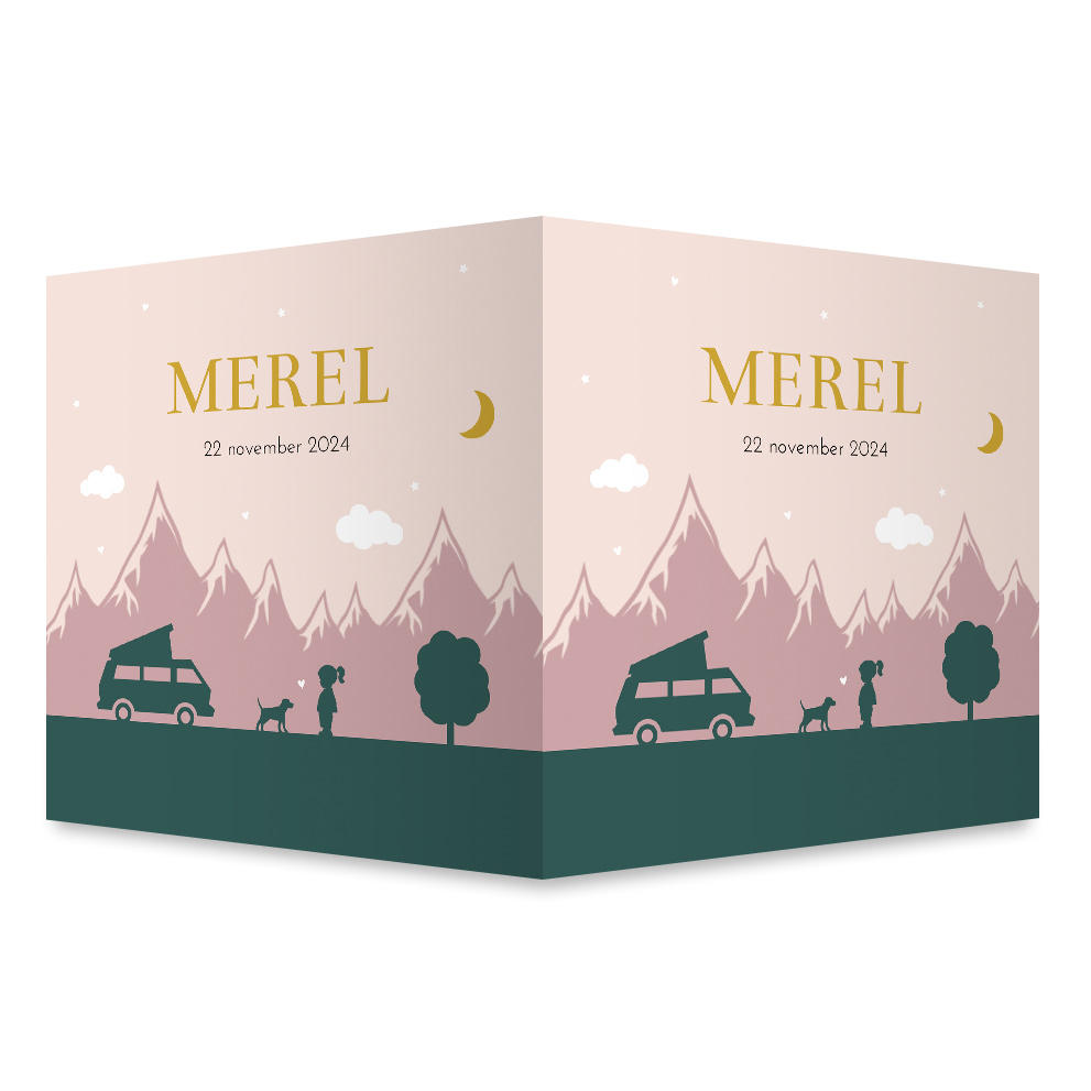 Geboortebord meisje reisthema met bergen en camper