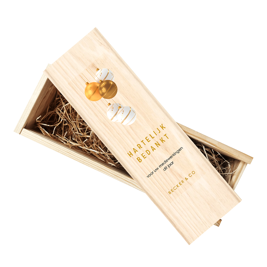 Wijnkist met gouden en witte kerstballen voor zakenrelaties