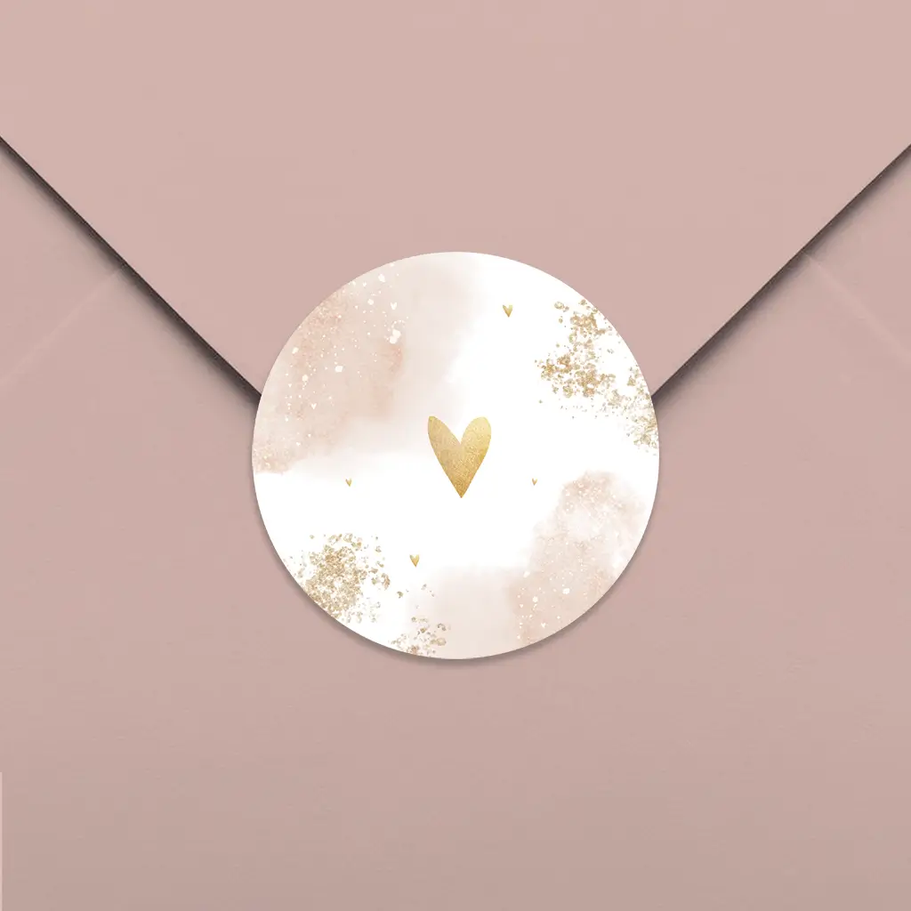 Watercolour sluitsticker met goudfolie hartje - per 25 stuks